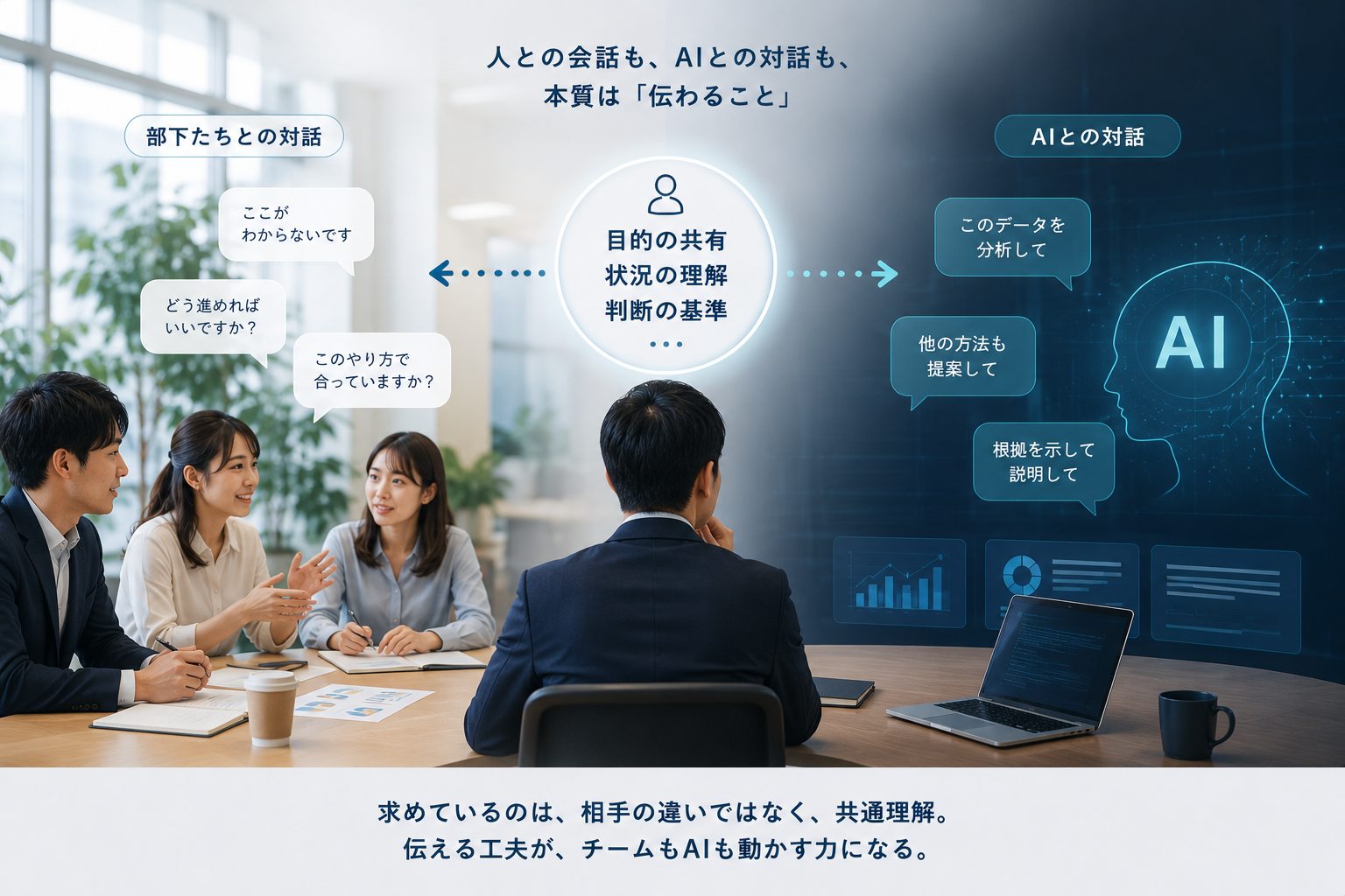 管理職を中心に、左側で部下たちと対話し、右側でAIと対話している様子を対比した図