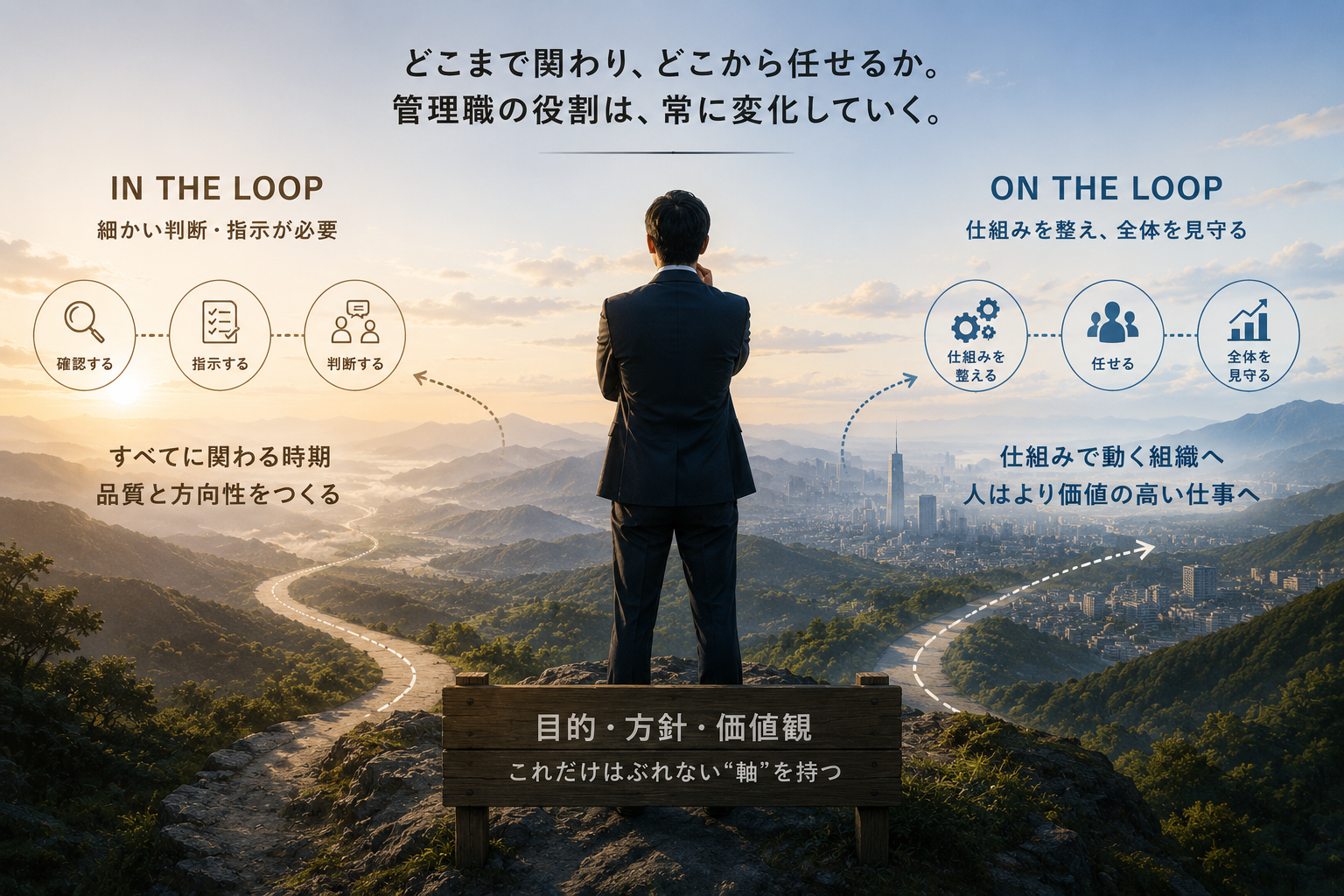 山頂に立つ管理職を中心に、細かな確認・指示を行うin the Loopと、仕組みを整え全体を見守るon the Loopを左右に対比した図