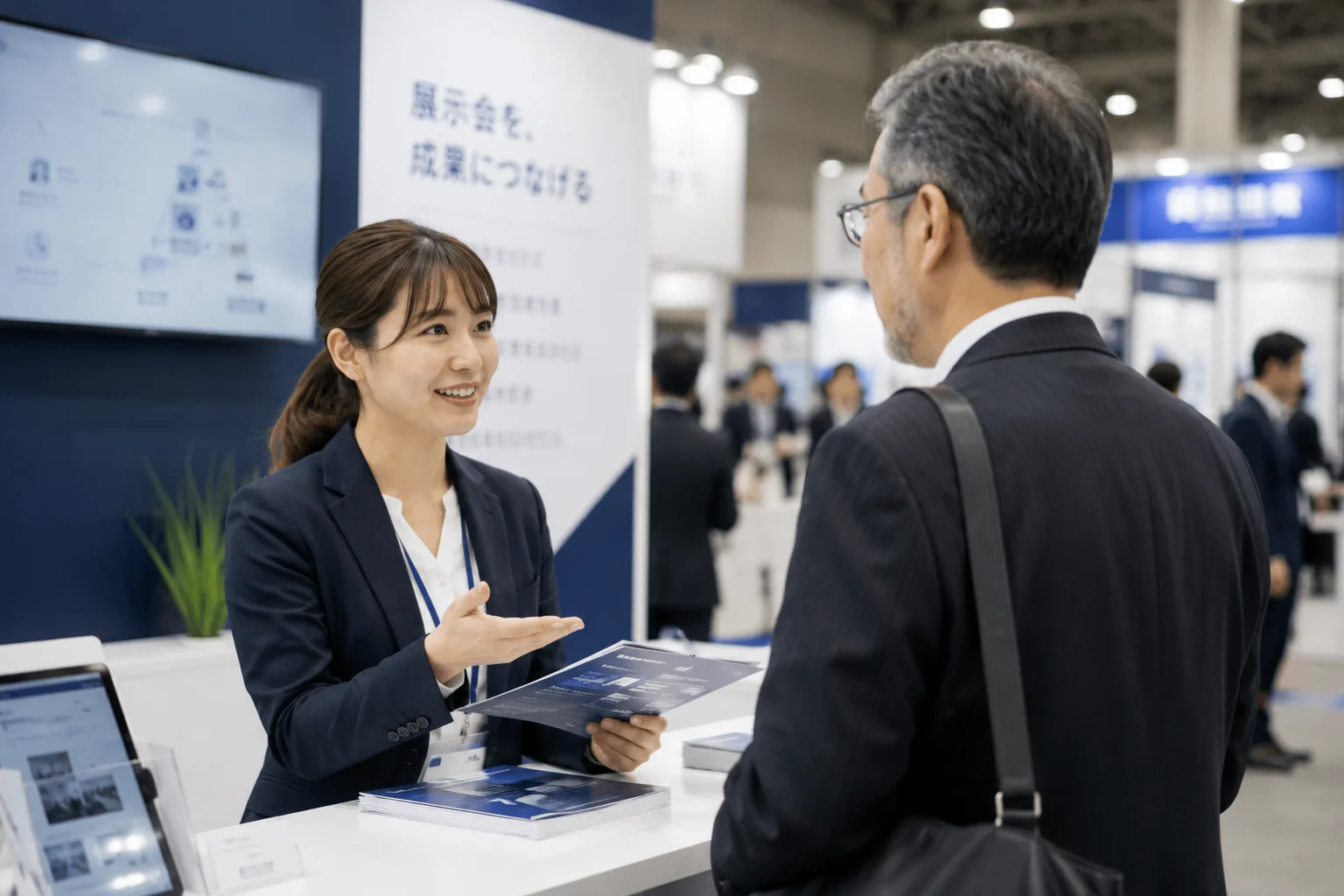 展示会ブースで出展企業の担当者と来場者が対話する様子
