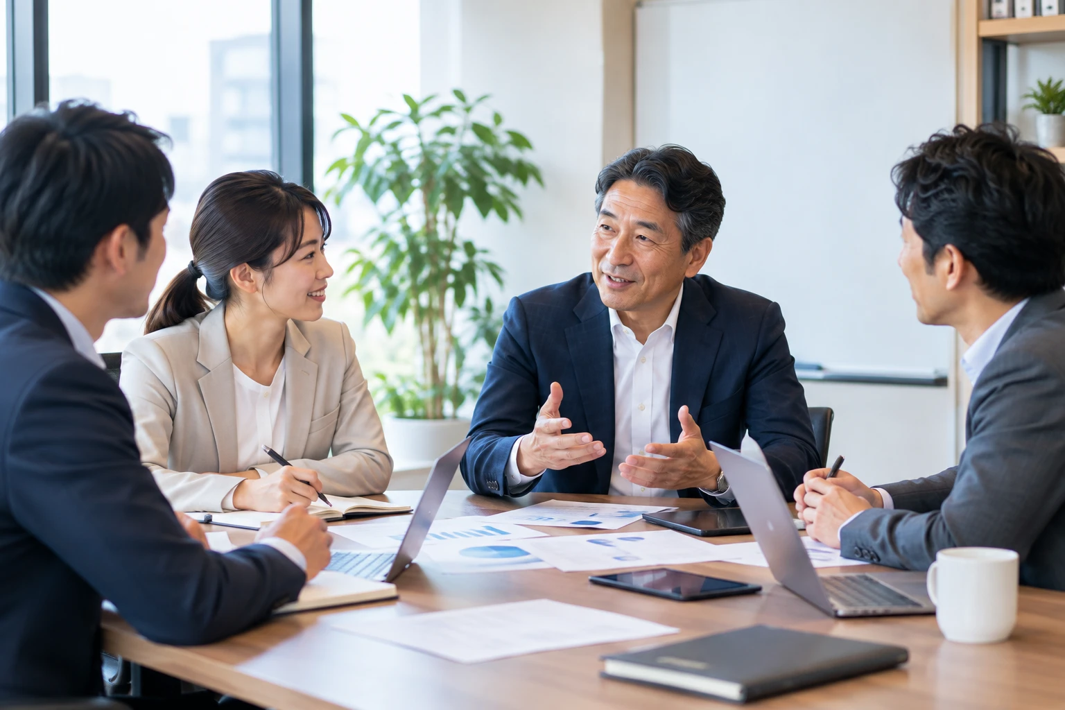 経営者・経営幹部・社員がテーブルを囲んで対話する様子